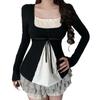 French Color Block Pleated Square Neck Long Sleeve A-line Top with Lace-up Waist for Autumn/Winter