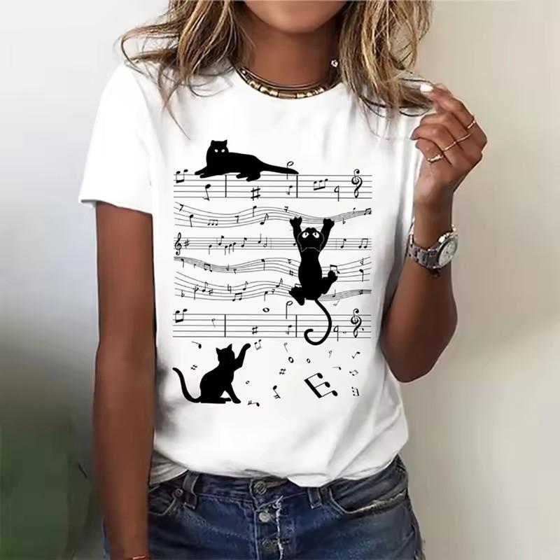 Fashion Music T Shirt Ladies Summer Crew Neck Casual Note 3D Print Funny T-shirts Streetwear Elegant White Black Womens Clothes