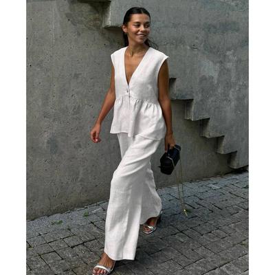 Conjunto Feminino Verão Chic Cor Sólida Algodão Linho Conjunto de Duas Peças Moda Babados Regata Sem Mangas com Calças Largas Roupa Feminina