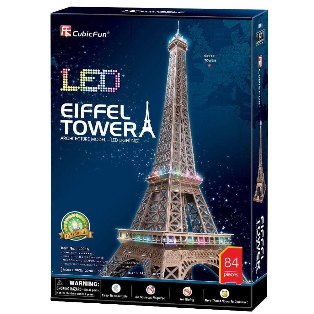 ASSYME Cubic Fan 3D Puzzle Craft Kit No Glue or Tools Required Eiffel Tower L091h (with LED)