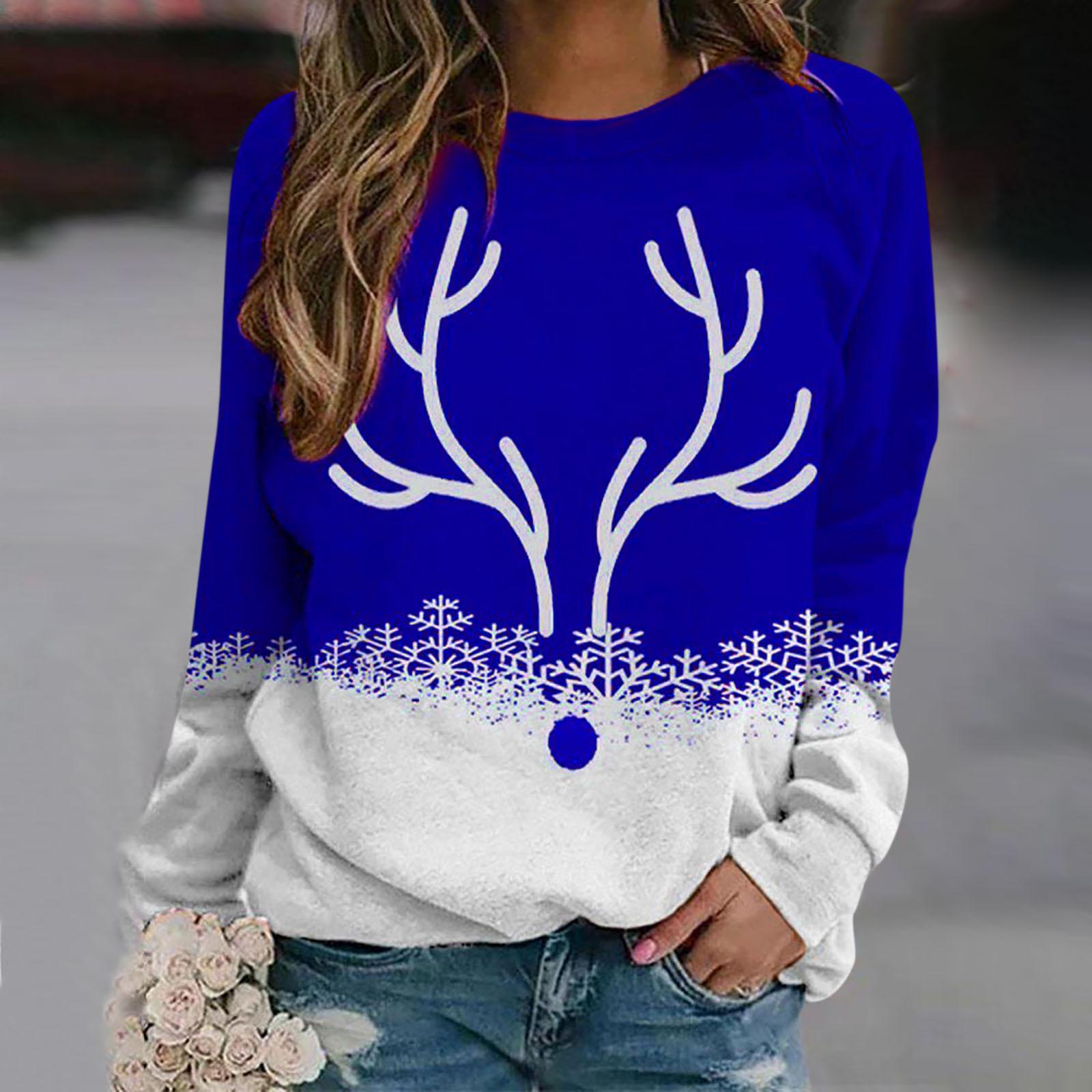 

2024 Autumn and Winter Women s Shoulder Snowflake Christmas Deer 3D Printed Round Neck Loose Long Sleeve T-shirt XXL