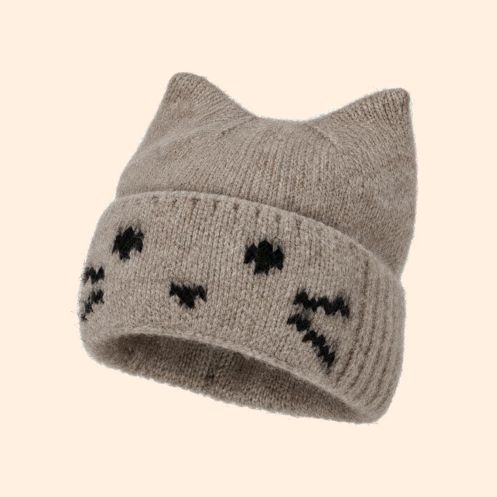 Cute Kitten Ears Pullover Hat Female Jacquard Cat Expression Flanged Wool Hat Big Head Circumference Warm Knitted Hat Female