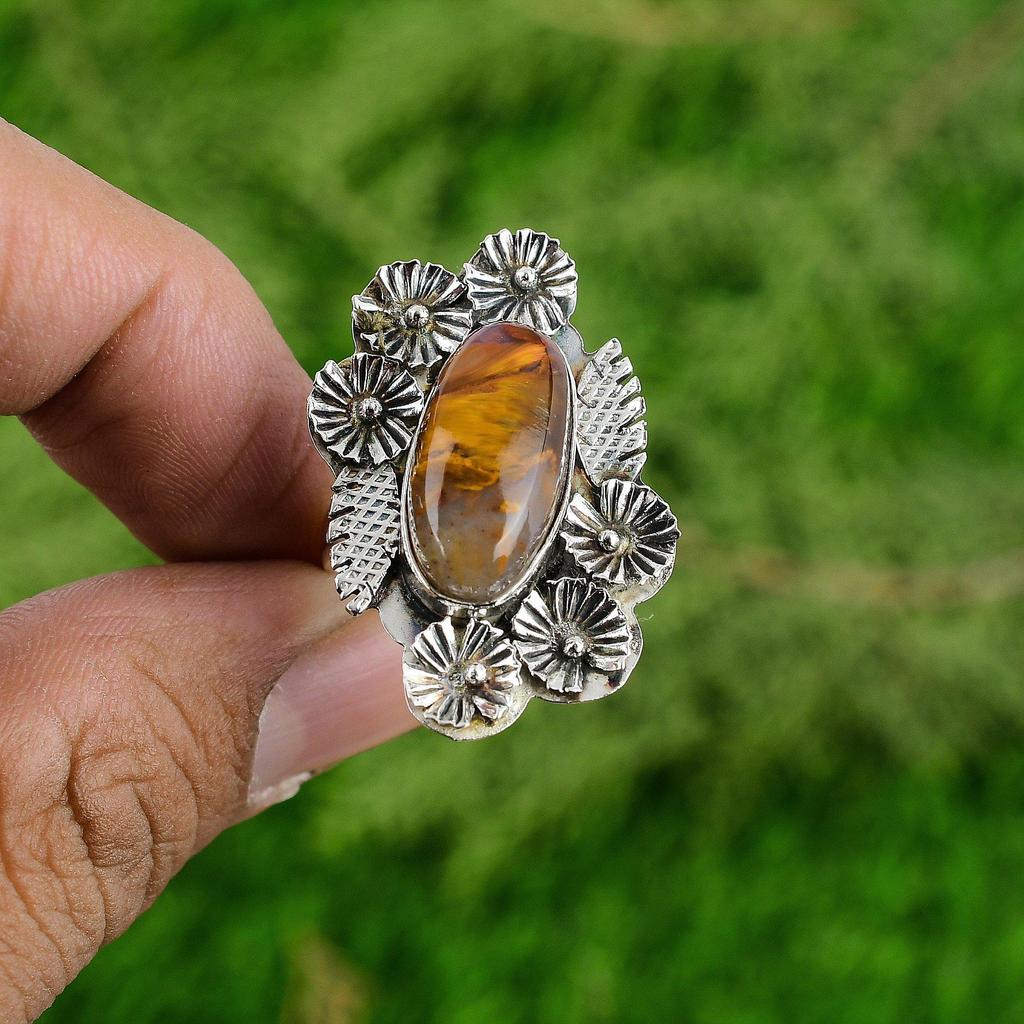Natural Golden Pietersite Statement Flower Adjustable Ring 925 Silver