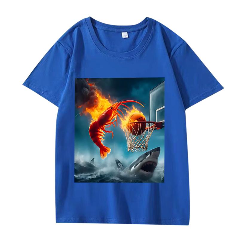 Shrimp Dunking on Shark Graphic tee Retro Fishing Meme T Shirt men women Oversized 100% Cotton  short sleeve Summer Unisextops