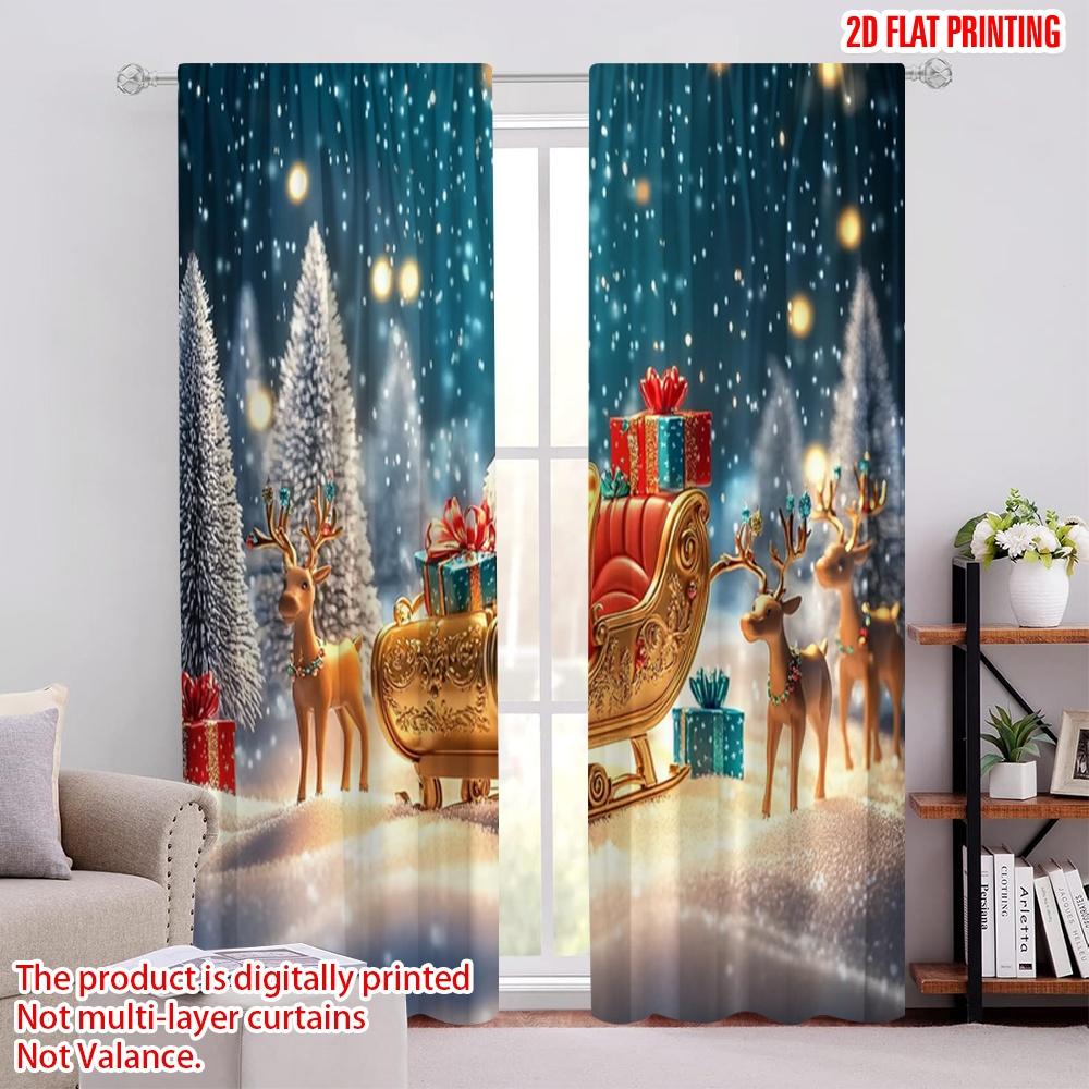 

Set Of 2 Flat Printing Christmas Party Curtain Santa Claus Reindeer Sleigh Versatile Polyester Fabric Without Electricity Curtains Made W100*H70(CM)-Grommet top&1PCS