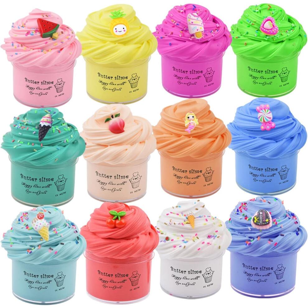 12 Pack Fluffy Butter Slime Kit, With 12 Pack Cute Mini Charms, Cute Slime Party Gift, Super Soft and Non-Sticky, Stress Relief Toy for Girls and Boys