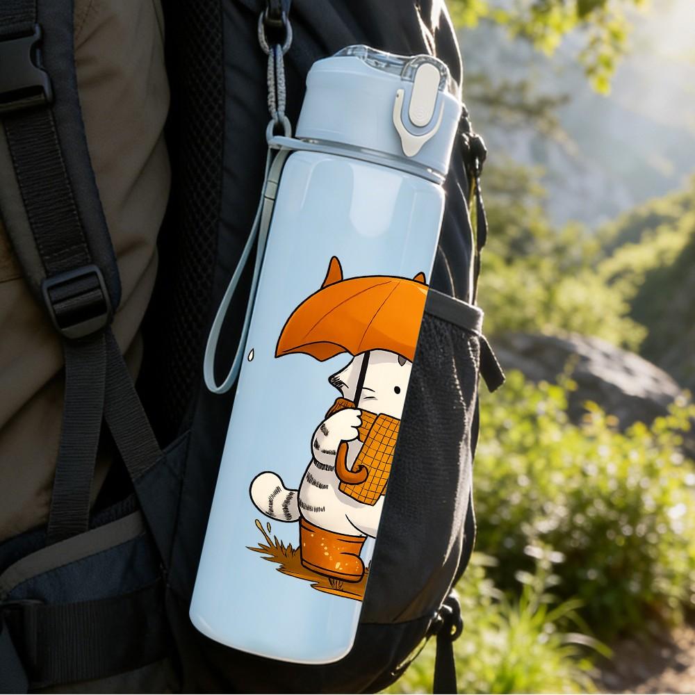 1PC Umbrella Cat Cartoon 750ml Color Plastic Sports Water Bottle Leakproof Flip Straw Lid Suitable for Sports Office Home Use