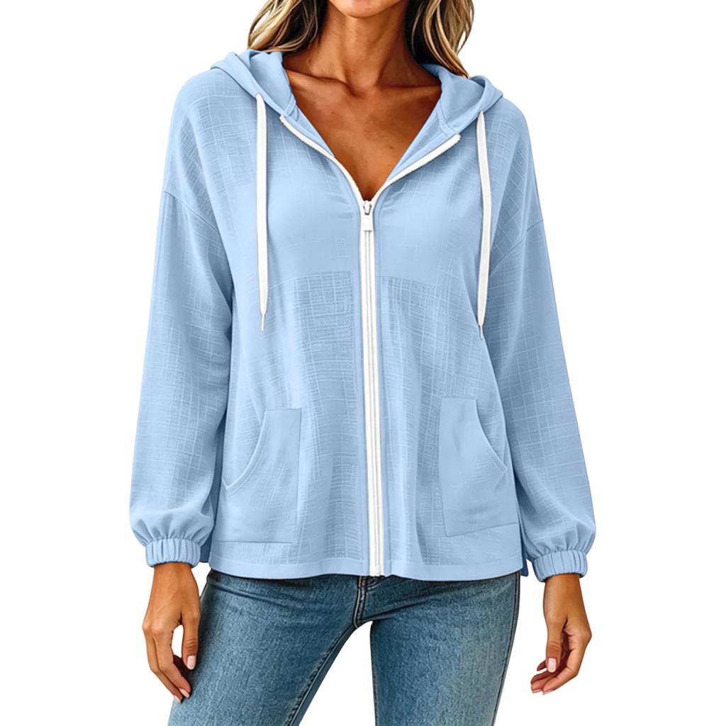Women's Color Long Sleeve Hooded Zip-Up Jacket with Pockets for Casual Wear