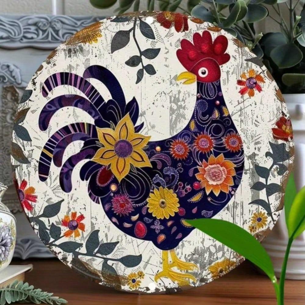 Vintage Colorful Rooster Aluminum Wall Art Floral Waterproof Decor