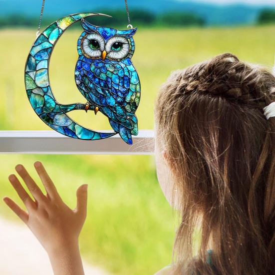 Owl Ornament Stained Glass Blue Green Sun Catcher Enchanting Birds Window Hanging Panel Kitchen Window Decor