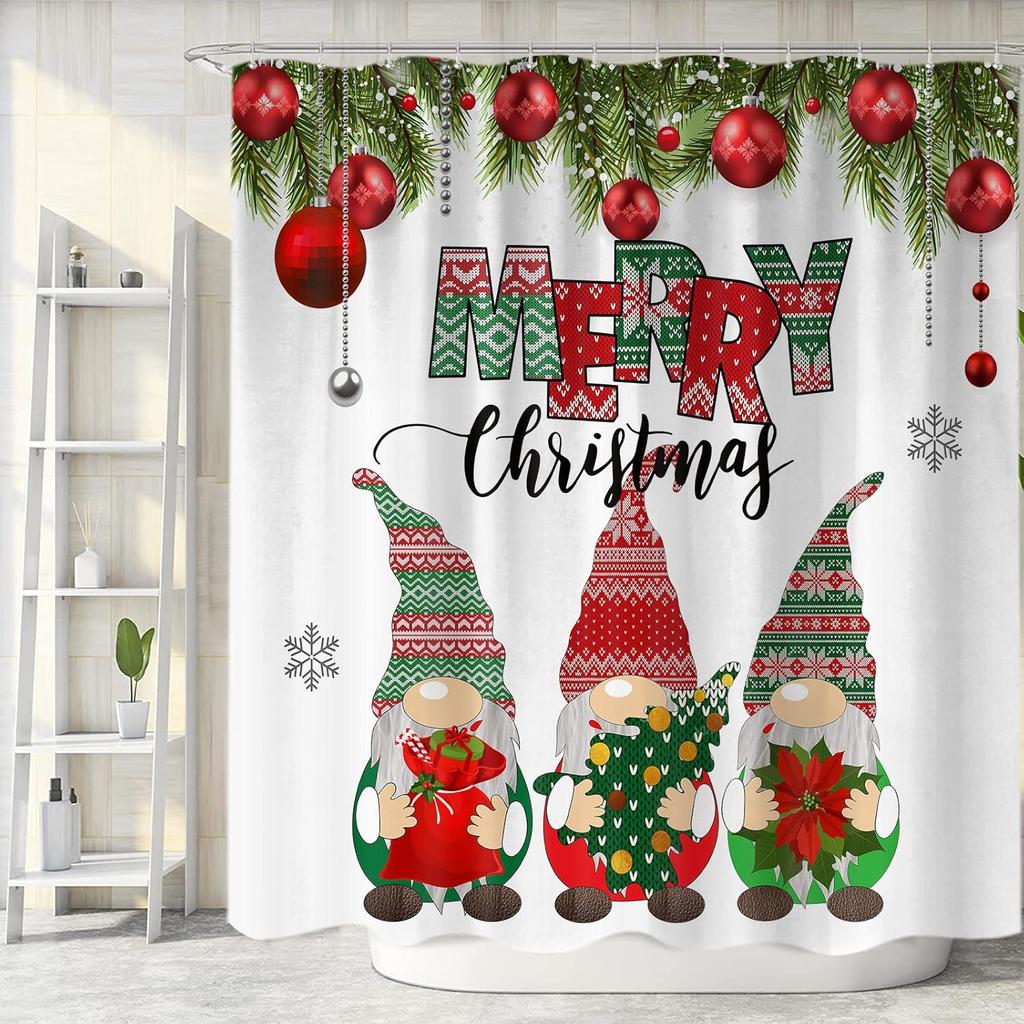 Christmas Gnomes Shower Curtain, Xmas Holiday Cute Gnome Fabric Shower Curtains Set for Bathroom Decoration with Hooks Merry