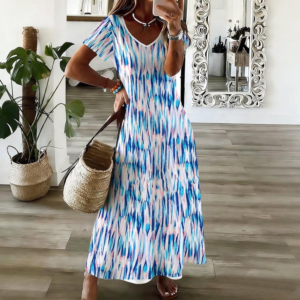 Women Plus Size V Neck Short Sleeve Printed Long Straight Dress White Purple