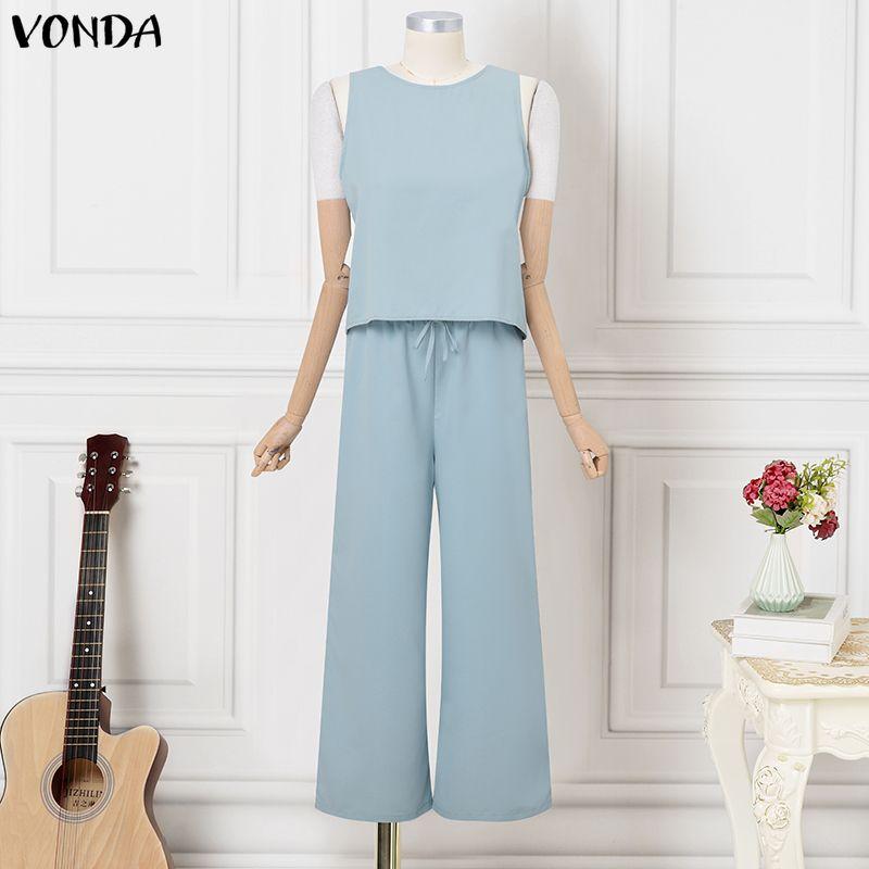 

VONDA Two Piece Suit Women Summer Sleeveless Vest Tops and Long Pants Casual Sets S синий