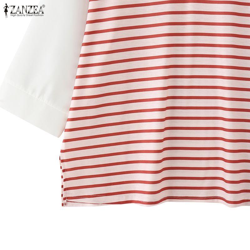 ZANZEA Women Turn Down Collar Casual Stripe Splice 3/4 Sleeve T-shirts Blouse