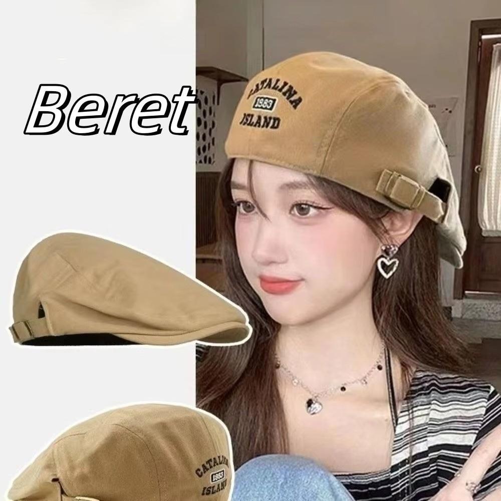 Vintage Y2k Beret Hat Adjustable Letter Embroidery Newsboy Cap Breathable Cotton Flat Cap