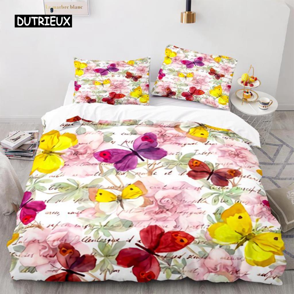 Butterfly Duvet Cover Set 3D Galaxy Purple Butterfly Floral Printed Bedding Set Fantasy Theme King Size Comforter Cover for Girl