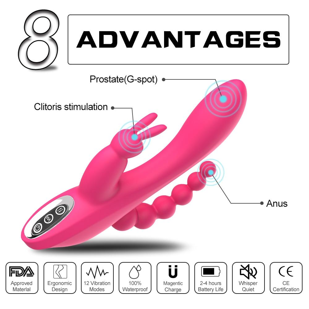 3 In 1 G Spot Rabbit Anal Dildo Vibrator Waterproof Clitoris Massage Stimulator Sex Toy for Women