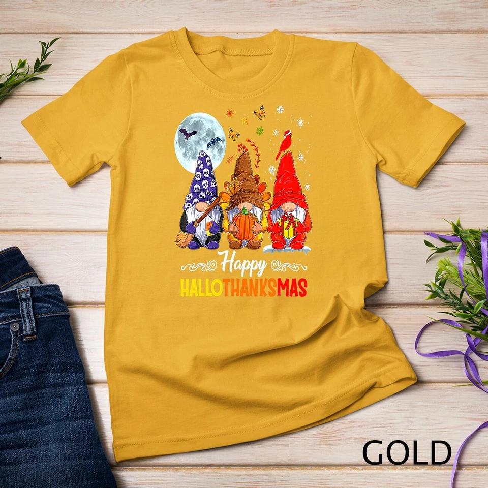 Halloween Thanksgiving Christmas Happy HalloThanksMas Gnomes Unisex T-shirt 3 4XL