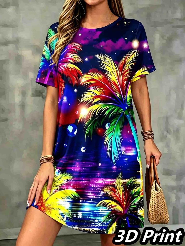 Fashion 3D Print Summer Dress Loose Casual Short Sleeve O-Neck Mini Dress