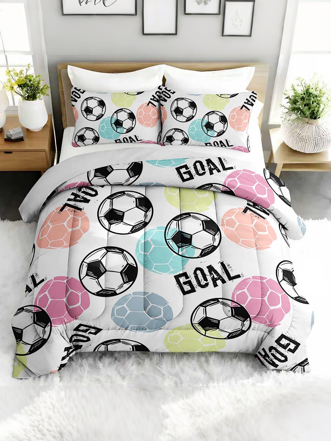 

3PC Soccer Football Comforter Set Sports Duvet Bedding with 2 Pillowcases for Bedroom Guest Room Decor Goal Theme All-Sea Design Queen