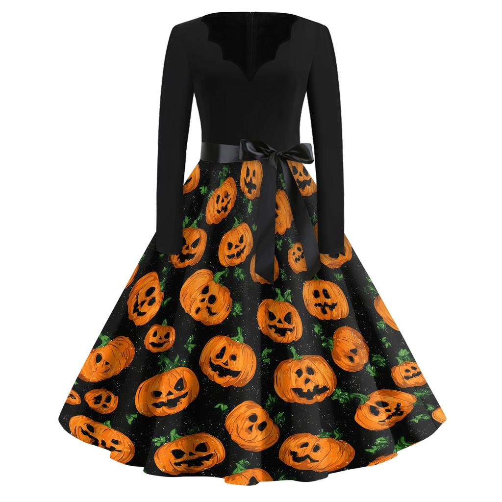 Women's Casual Vintage V Neck Dress Long Sleeve Halloween Print Swing Dress with Waist Tie Retro Style Midi Dress