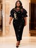Plus Size Women's Black Sequin Dress with Puff Sleeves and 3D Floral Embroidery - Elegant Banquet Gown