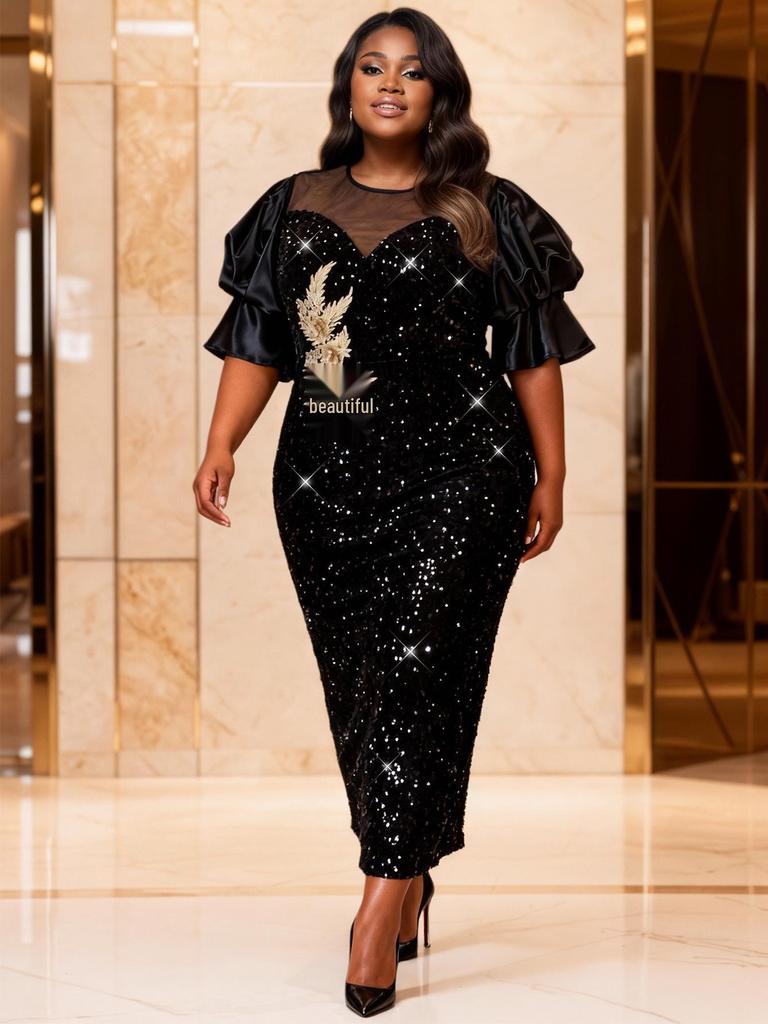 Plus Size Women's Black Sequin Dress with Puff Sleeves and 3D Floral Embroidery - Elegant Banquet Gown