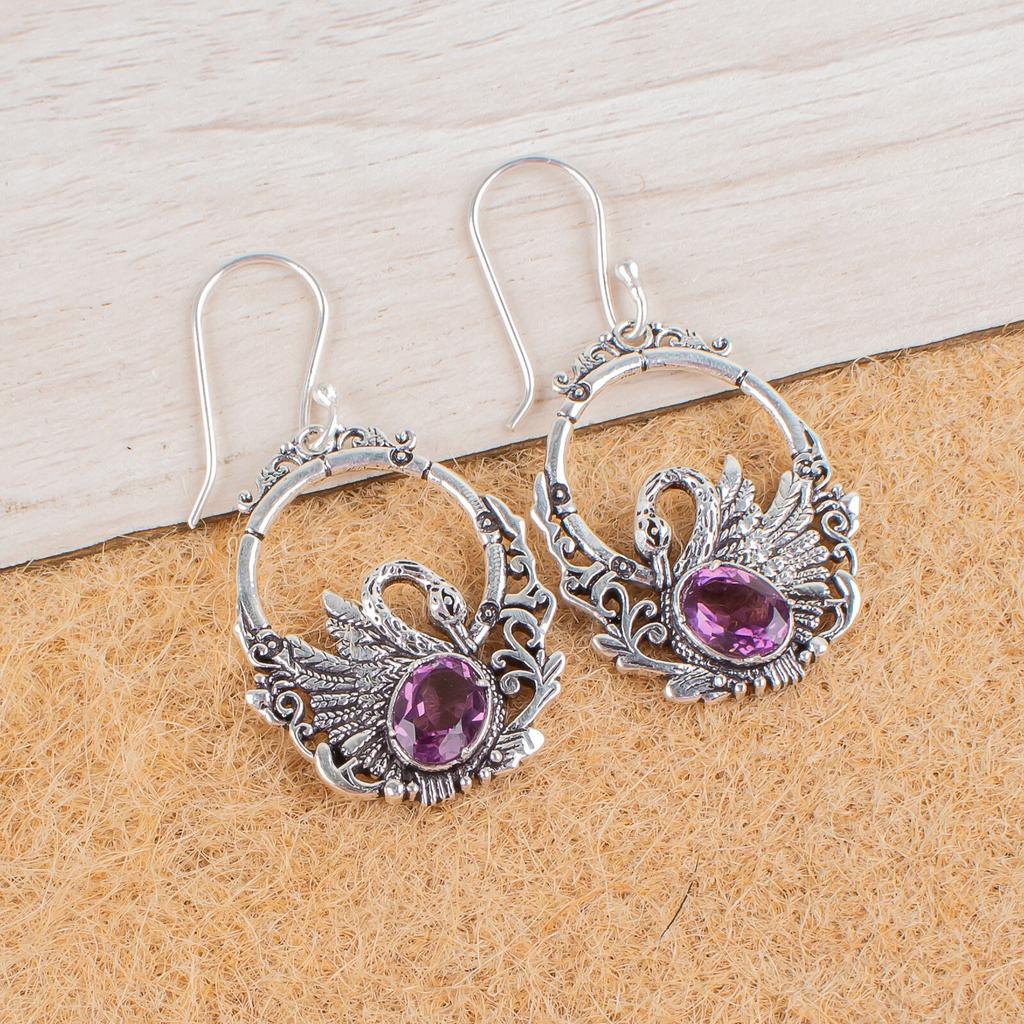African Amethyst Gemstone 925 Sterling Silver Jewelry Drop/Dangle Earrings 1.64" CE-2-14