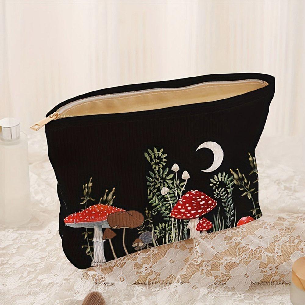New Mushroom Print Cosmetic Bag Zipper Corduroy Storage Bag Large Capacity Coin Purse
