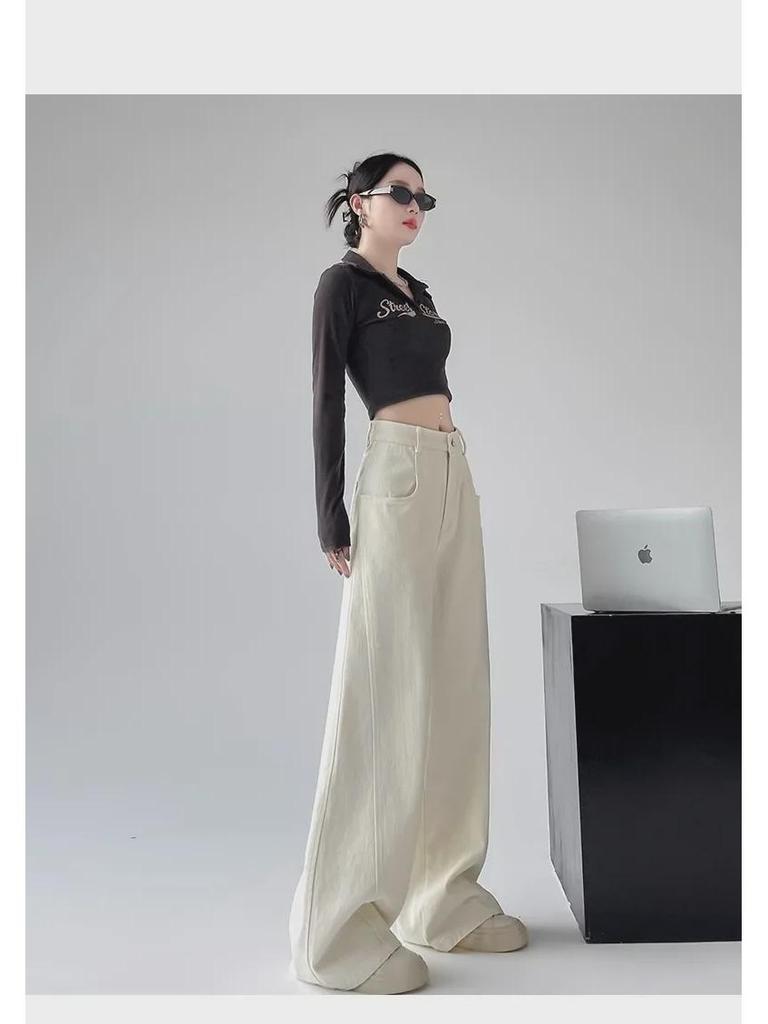 Women's White High-Waisted Wide-Leg Jeans: Autumn/Winter Retro American Style Loose Fit.
