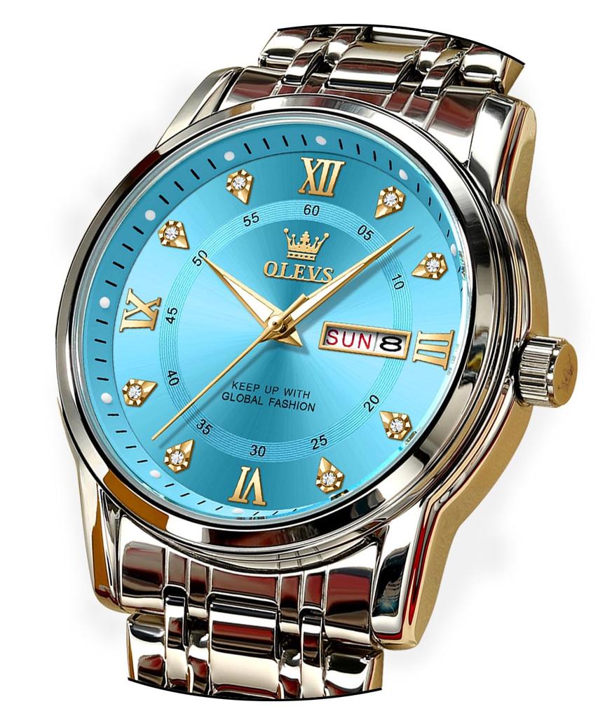 OLEVS Men's Watch, Blue, Popular, Quartz Movement, Calendar, Waterproof, Stainless Steel, Stylish, Silver