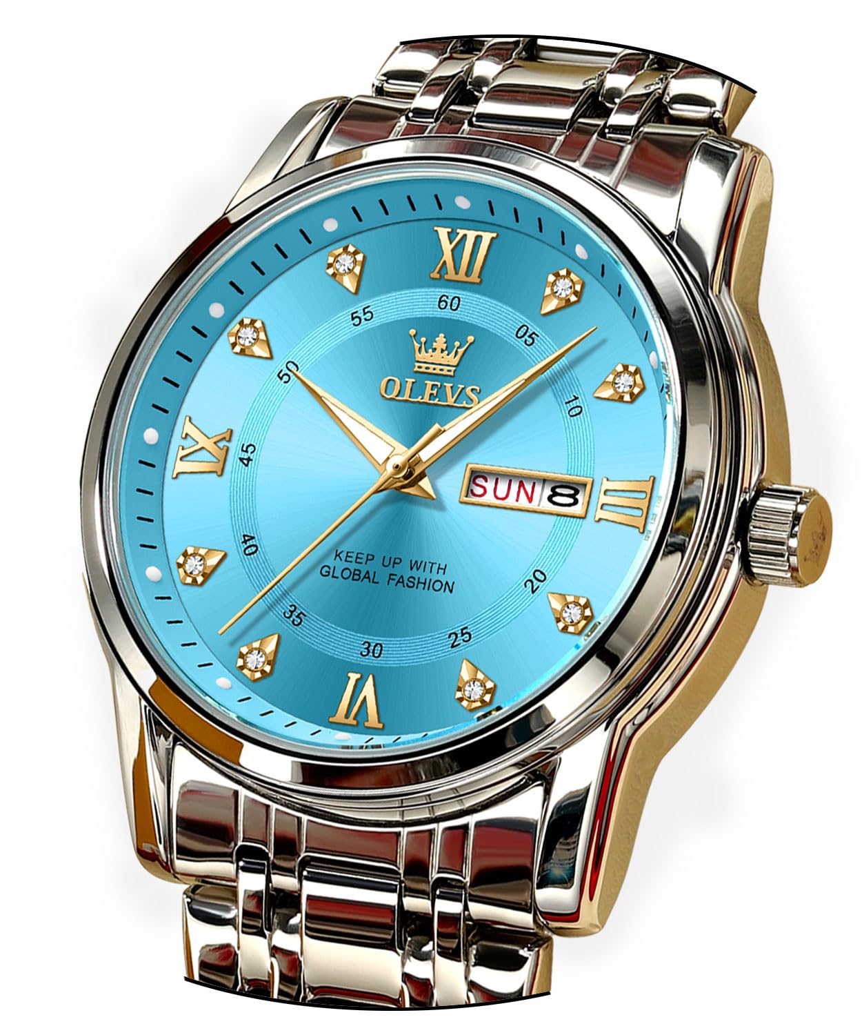 

OLEVS Men s Watch, Blue, Popular, Quartz Movement, Calendar, Waterproof, Stainless Steel, Stylish, Silver