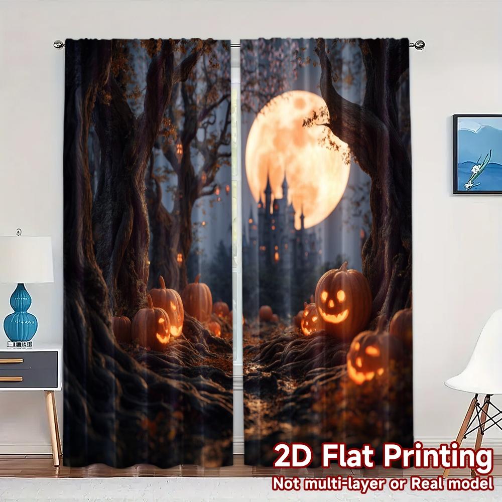 

Set Of 2 Flat Printing Curtains Without Rod Halloween Path Popular Window Curtain Prints Art Deco With Light Filtering Polyester W100*H70(CM)-Hooks&2PCS