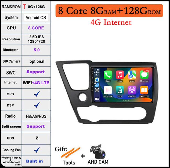 For Honda Civic 9 2013-2016 DSP Android 14 Car Radio Multimedia Video Player Navigation Stereo GPS Monitor