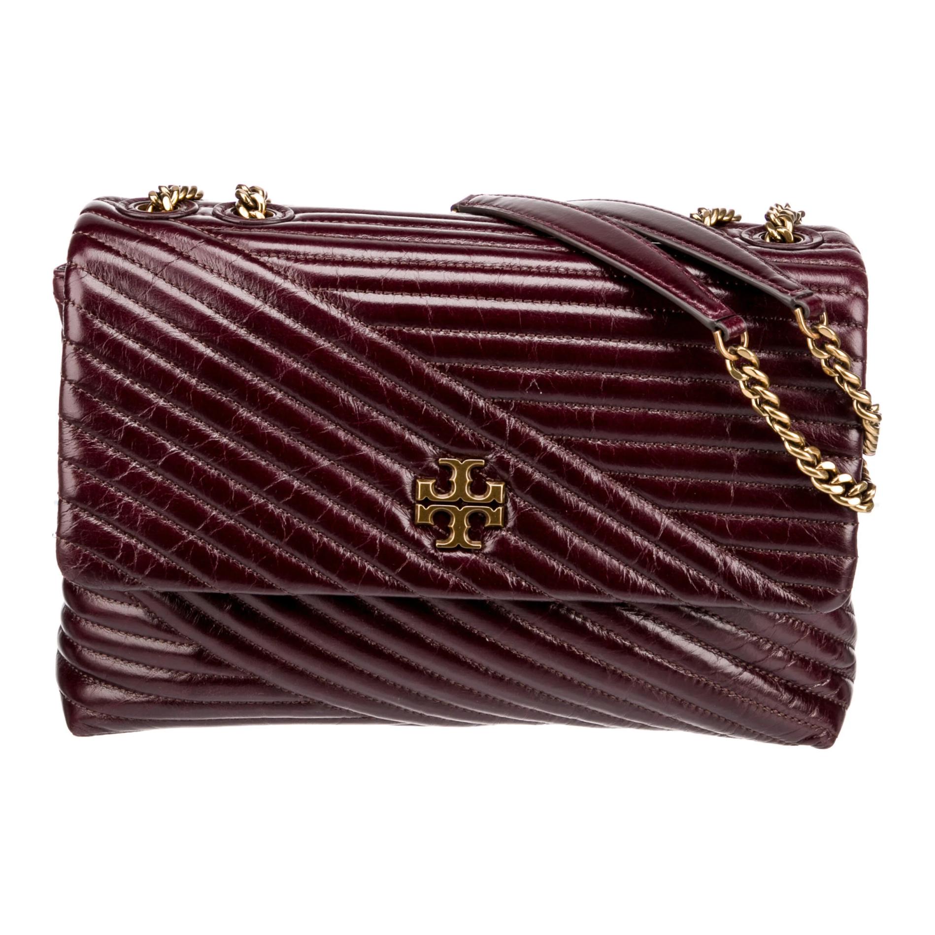 

Tory Burch Kira Chevron Glossy Two-Way Leather Shoulder Bag Small Women Bags Burgundy 84190-200 Basic Set (Bag+Dust Bag)