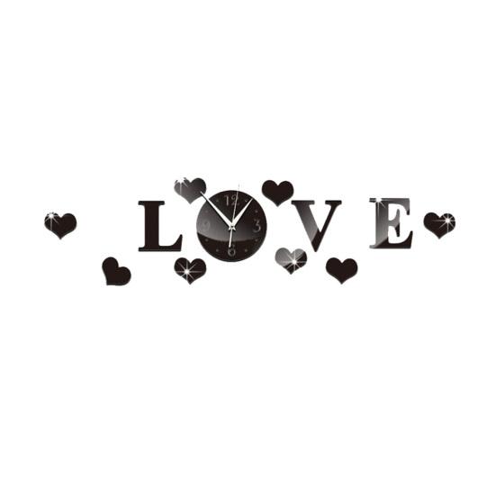 Mirror Effect 3D Clock Love Heart Wall Analog Sticker DIY Home
