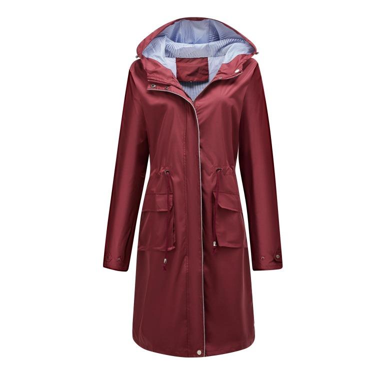 

Women Long Loose Hooded Windbreaker Jacket Light Rain Outdoor Hiking Coat with Side Pocket Windcheater S бордовый