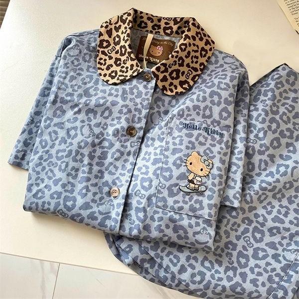 Korean high-end blue leopard print pajamas women s summer lace short-sleeved shorts set women s loungewear S
