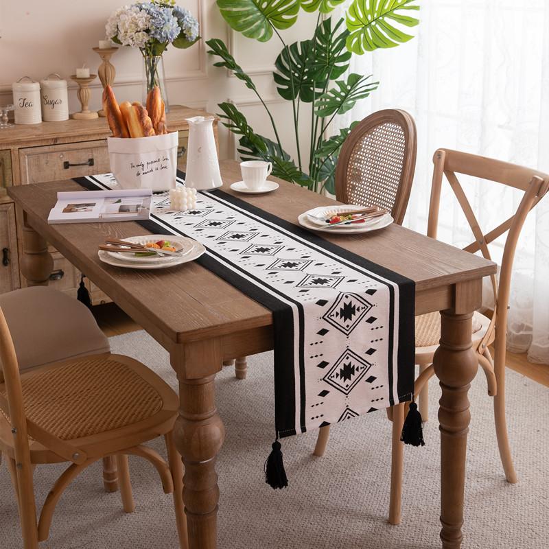 Geometric Fringed Dining Table Tablecloth Polyester Color Woven Jacquard Black And White Checkerboard Flower Table Flag