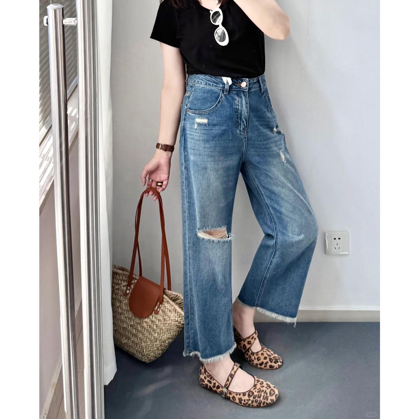 

Plus Size Summer Ripped Jeans: Loose, Slimming Nine-Point Wide-Leg Pants for Women XL (120-140 jin)