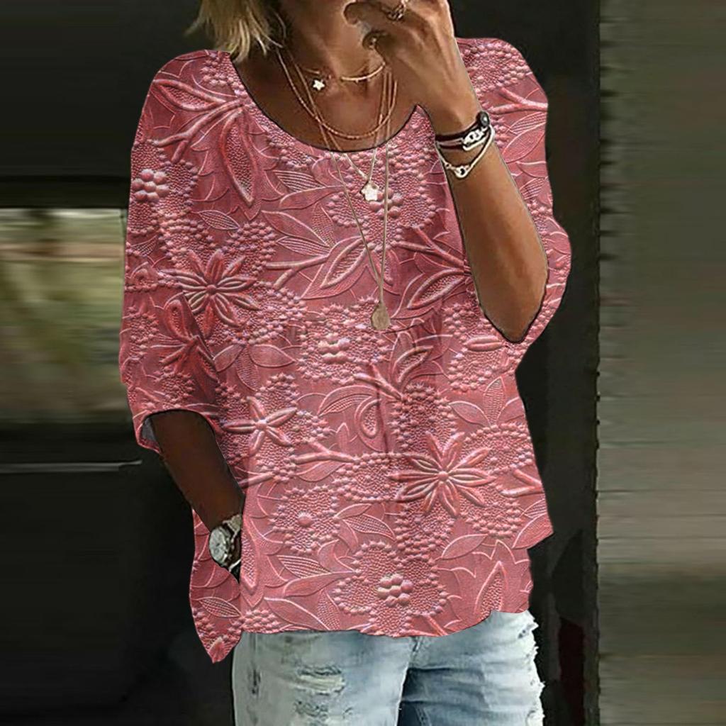 Women's Casual Fashion Three-quarter Sleeve Loose Round Neck Floral Print Top
