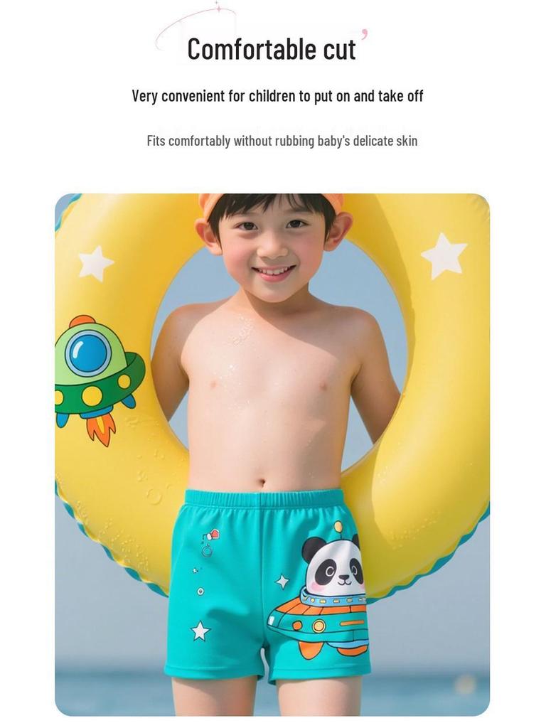 Cartoon Panda Boys' Two-Piece Swimsuit & Cap Set - Beach & Hot Spring Wear