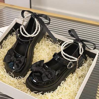 Lolita Boty Srdíčková Spona Dámské Sladká Mašle Perlový Řetízek Mary Janes Boty Žena PU Kůže Silná Podrážka Párty Lodičky Mujer Zapatos