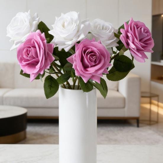 Artificial Rose with Green Leaves Realistic Fake Flower Stem Home Office Wedding Party