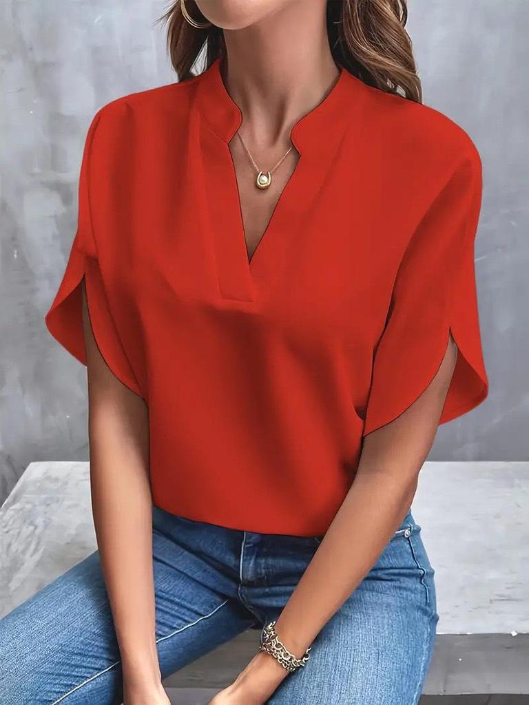 2024 Summer Fashion Women's V-neck Loose Solid Color Casual Top