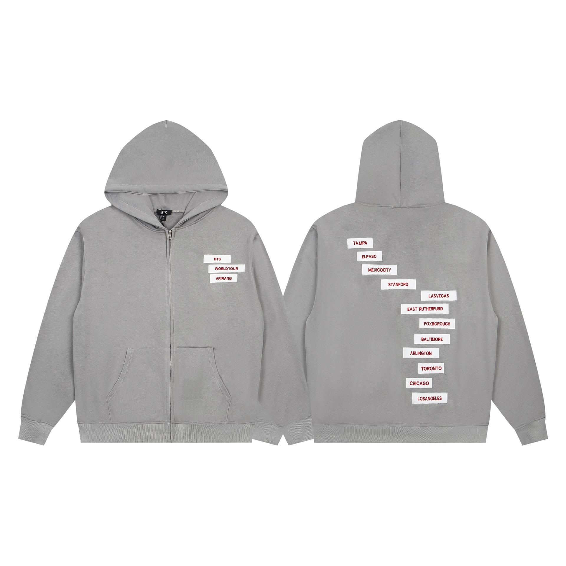 BTS Welttournee ARIRANG Reißverschluss Hoodie: Hochwertiges graues K-Pop Sweatshirt mit gestickten Stadt-Patches & Taschen, Unisex Streetwear XL gray