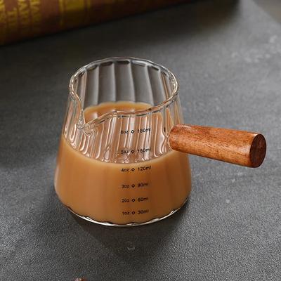 180ML Glas Espressomätkopp med trähandtag Kaffeextraktionskopp med skala Högtemperaturbeständighet Mjölkkanna Måttmugg