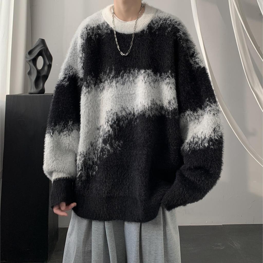 Sweat à capuche pelucheux pour homme - Blocs de couleurs rétro, chaud pour l'hiver, pull en maille ample