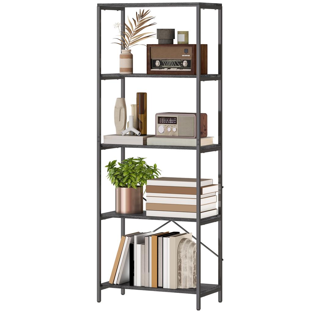 5-Tier Bookshelf, Industrial Bookcase with Metal Frame - Dark Grey and Black