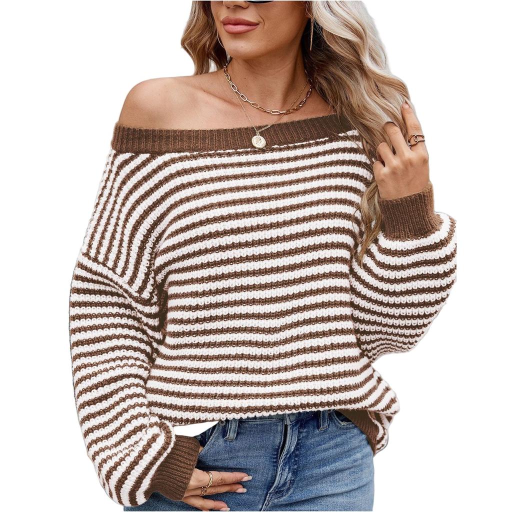 Women's Fashionable Striped Contrasting Temperament One Neck Knitted Sweater Top